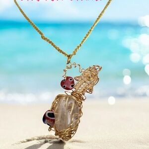 18K Gold Plated Quartz Wire Wrapped Hamsa Hand Millefiori Pendant Necklace